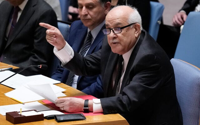 Riyad Mansour, Palestinian representative to the United Nations, speaks during a Security Council meeting at United Nations headquarters, January 5, 2023. (AP Photo/Seth Wenig) Riyad Mansour, Palestinian representative to the United Nations, speaks during a Security Council meeting at United Nations headquarters, January 5, 2023. (AP Photo/Seth Wenig)