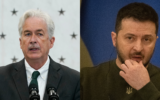 From left to right: Composite photo showing CIA Director William Burns speaking at the Central Intelligence Agency headquarters in Langley, Virginia, July 8, 2022. (AP/Susan Walsh); Ukrainian President Volodymyr Zelensky attending a news conference with European Council President Charles Michel after their meeting in Kyiv, Ukraine, January 19, 2023. (AP/Efrem Lukatsky)