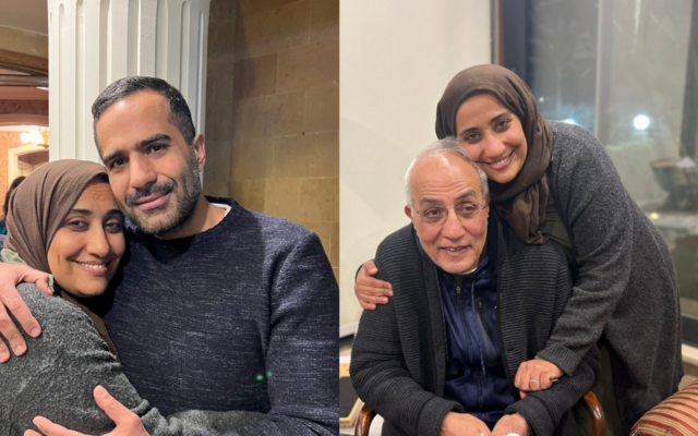 Composite photo showing Mariam Thabet hugging her brother Seif el-Din Thabet (left) and father Safwan Thabet following their release from Egyptian prison. (Twitter photo screenshots: used in accordance with Clause 27a of the Copyright Law) Composite photo showing Mariam Thabet hugging her brother Seif el-Din Thabet (left) and father Safwan Thabet following their release from Egyptian prison. (Twitter photo screenshots: used in accordance with Clause 27a of the Copyright Law)