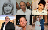 Victims killed in a terror attack in Jerusalem on January 27, 2023, clockwise from top right: Asher Natan, 14, Eli, 48, and Natali Mizrahi, 45, Ilya Sosansky, 26, Rafael Ben Eliyahu, 56, Irina Korolova, 59, and Shaul Hai, 68. (Courtesy)