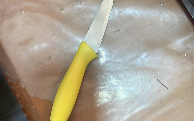 A knife found on a Palestinian woman in the West Bank city of Hebron, January 3, 2023. (Israel Police) A knife found on a Palestinian woman in the West Bank city of Hebron, January 3, 2023. (Israel Police)