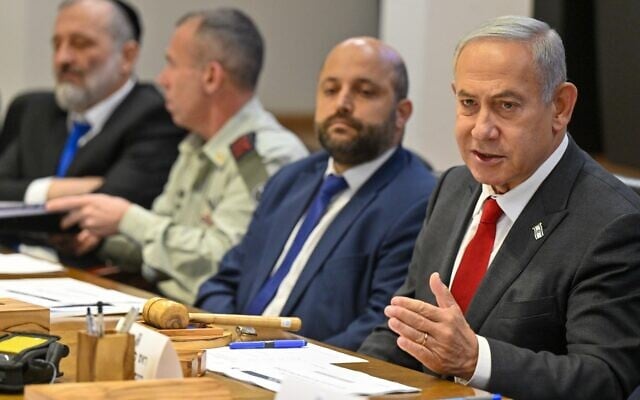Prime Minister Benjamin Netanyahu (right) convenes the first meeting of his new government's security cabinet in Tel Aviv on January 5, 2023. (Kobi Gideon/GPO) Prime Minister Benjamin Netanyahu (right) convenes the first meeting of his new government's security cabinet in Tel Aviv on January 5, 2023. (Kobi Gideon/GPO)