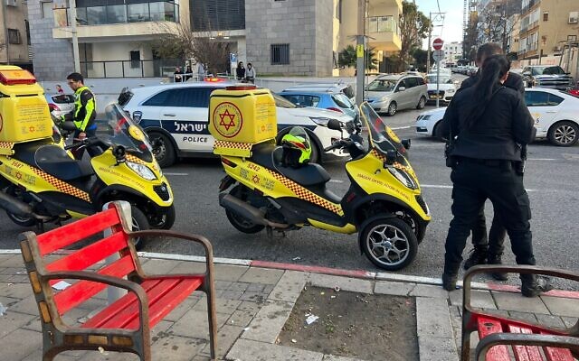 A handout photo shows Magen David Adom paramedics at the scene of a stabbing in the central coastal city of Bat Yam, January 7, 2023. (Magen David Adom) A handout photo shows Magen David Adom paramedics at the scene of a stabbing in the central coastal city of Bat Yam, January 7, 2023. (Magen David Adom)