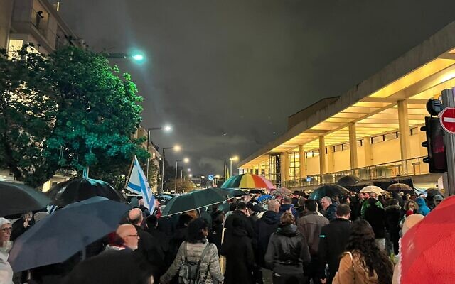 Crowds fill the streets of Tel Aviv during an anti-government protest, on January 14, 2023. (Naomi Lanzkron/Times of Israel)