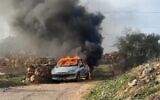 A burning vehicle in the West Bank village of Turmus Ayya, January 31, 2023. (Courtesy)
