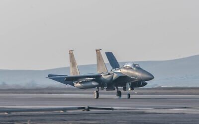 A US AFCENT F-15 fighter jet is seen at the Nevatim Airbase, January 5, 2023. (Israel Defense Forces)