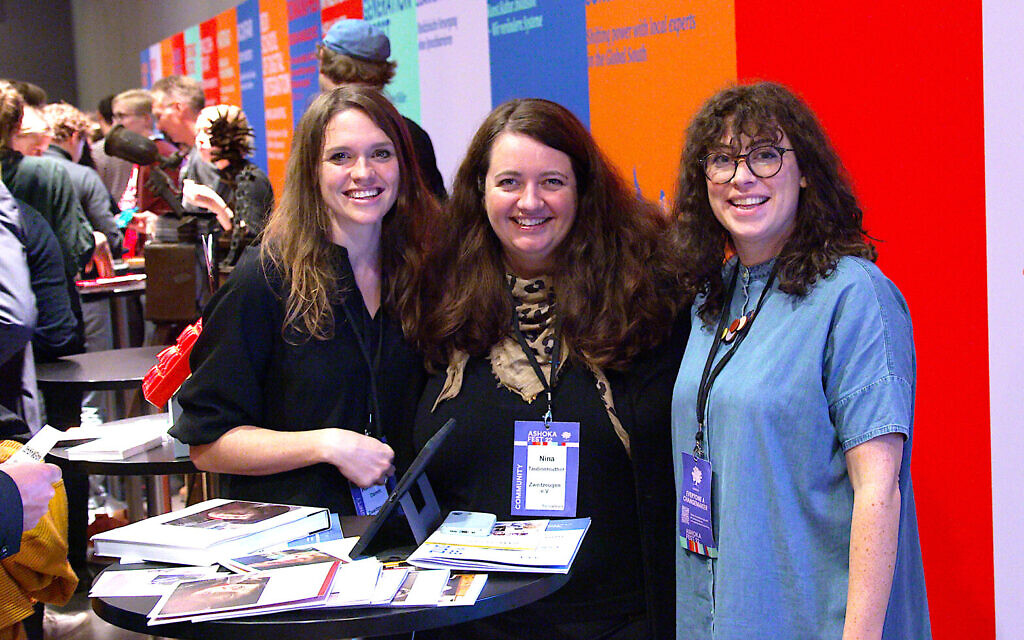 2023 Obermayer prizewinners (left to right) Ruth-Anne Damm, Nina Taubenreuther and Sarah Hüttenberend, honored for their organization Zweitzeugen, which means 'second witness' in German and teaches young people the life stories of Holocaust survivors so they can share them with others. (Courtesy of Widen the Circle)