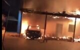 Screen capture from video of an arson attack in the West Bank Palestinian town of Turmus Ayya, January 29, 2023. (Twitter. Used in accordance with Clause 27a of the Copyright Law)