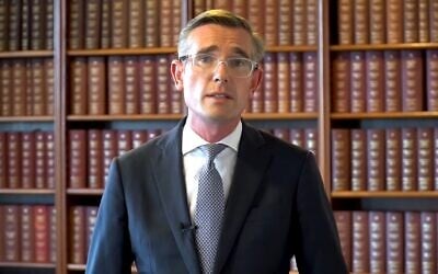 New South Wales Premier Dominic Perrottet in a screenshot from a video he recorded for the Australian Jewish community apologizing for wearing a Nazi uniform at his 21st birthday party. (Screenshot used in accordance with Clause 27a of the Copyright Law)