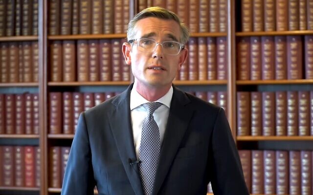New South Wales Premier Dominic Perrottet in a screenshot from a video he recorded for the Australian Jewish community apologizing for wearing a Nazi uniform at his 21st birthday party. (Screenshot used in accordance with Clause 27a of the Copyright Law)