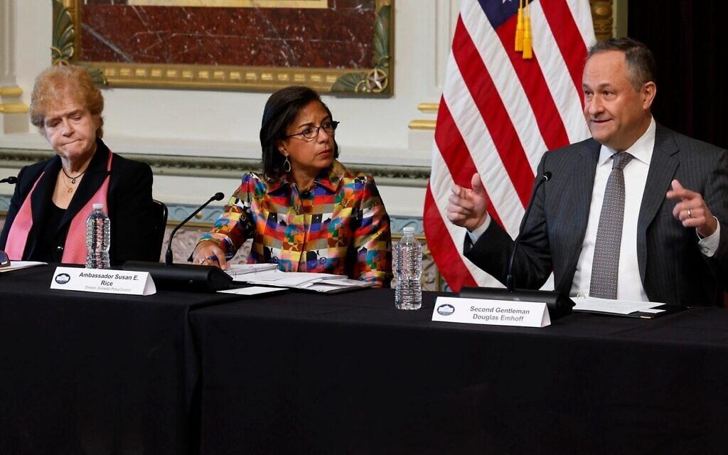 Second gentleman Douglas Emhoff (R), delivers remarks during a roundtable about the rise of antisemitism with Special Envoy to Monitor and Combat Antisemitism Deborah Lipstadt (L) in Washington, DC, December 7, 2022. White House Domestic Policy Advisor Susan Rice sits between them. (Chip Somodevilla/Getty Images, via JTA) Second gentleman Douglas Emhoff (R), delivers remarks during a roundtable about the rise of antisemitism with Special Envoy to Monitor and Combat Antisemitism Deborah Lipstadt (L) in Washington, DC, December 7, 2022. White House Domestic Policy Advisor Susan Rice sits between them. (Chip Somodevilla/Getty Images, via JTA)