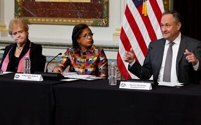 Second gentleman Douglas Emhoff (R), delivers remarks during a roundtable about the rise of antisemitism with Special Envoy to Monitor and Combat Antisemitism Deborah Lipstadt (L) in Washington, DC, December 7, 2022. White House Domestic Policy Advisor Susan Rice sits between them. (Chip Somodevilla/Getty Images, via JTA)