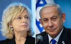 Left: Attorney General Gali Baharav-Miara at her welcome ceremony in Jerusalem on February 8, 2022. (Yonatan Sindel/Flash90); Right: Prime Minister Benjamin Netanyahu at the Prime Minister's Office in Jerusalem, on January 11, 2023. (Olivier Fitoussi/Flash90)