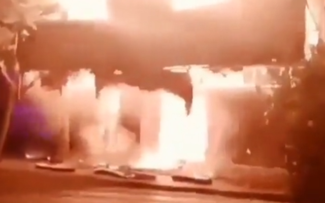 Screen grab from an unverified video circulating on social media said to show fire from an explosion at a defense facility in Iran's Isfahan after an alleged drone strike, January 29, 2023. (Used in accordance with Clause 27a of the Copyright Law) Screen grab from an unverified video circulating on social media said to show fire from an explosion at a defense facility in Iran's Isfahan after an alleged drone strike, January 29, 2023. (Used in accordance with Clause 27a of the Copyright Law)