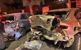 Damaged vehicles hit by a teenager driving his father's car in the city of Elad, January 24, 2023 (Courtesy)