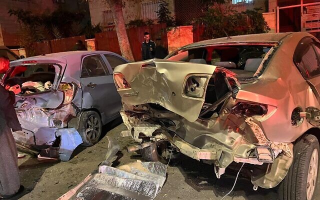 Damaged vehicles hit by a teenager driving his father's car in the city of Elad, January 24, 2023 (Courtesy) Damaged vehicles hit by a teenager driving his father's car in the city of Elad, January 24, 2023 (Courtesy)