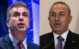 Foreign Minister Eli Cohen speaks during a ceremony at the Foreign Ministry in Jerusalem, January 2, 2023; Turkish Foreign Minister Mevlut Cavusoglu speaks to the media during a press conference in Istanbul, November 3, 2022. (Olivier Fitoussi/Flash90; AP Photo/Khalil Hamra)