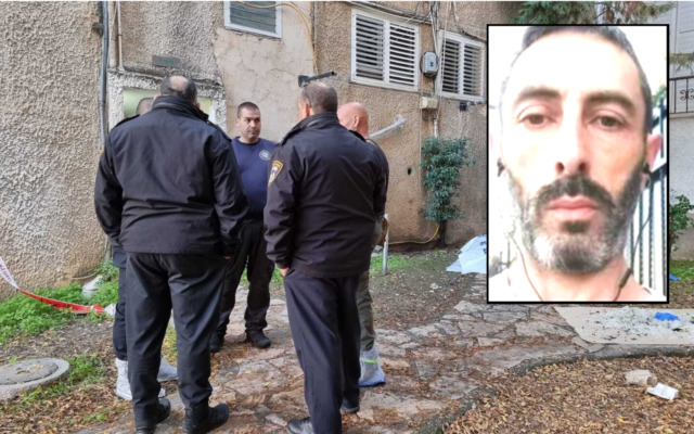 A combination of images showing Shalev Korostishevsky, 50, and police officers outside an apartment building in Petah Tikva where Korostishevsky was allegedly stabbed and then set on fire. (Israel Police) A combination of images showing Shalev Korostishevsky, 50, and police officers outside an apartment building in Petah Tikva where Korostishevsky was allegedly stabbed and then set on fire. (Israel Police)