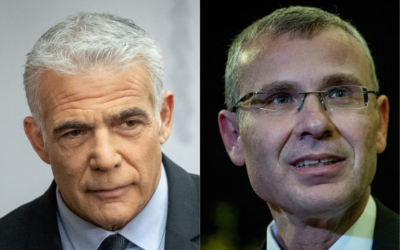 Opposition Leader Yair Lapid (R) speaks during a Yesh Atid faction meeting at the Knesset, in Jerusalem, on January 2, 2023; Justice Minister Yariv Levin arrives for a group picture of the new government at the president's residence in Jerusalem, on December 29, 2022. (Yonatan Sindel/Flash90)