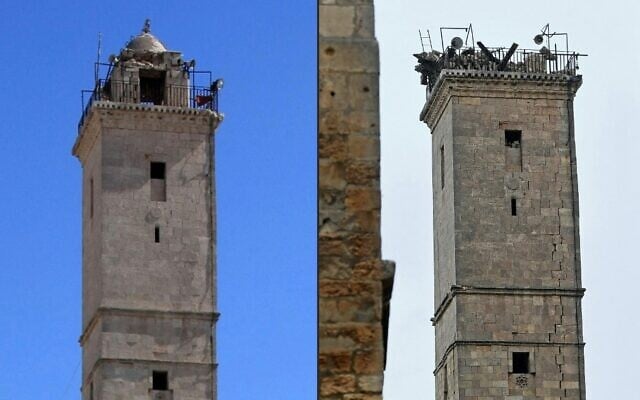 This combination of pictures created on February 6, 2023, shows a picture taken on July 3, 2016, showing the minaret of the mosque inside of the UNESCO-listed citadel, in the regime-controlled northern Syrian city of Aleppo (L) and a picture taken on February 6, 2023, of the same tower following an earthquake (AFP) This combination of pictures created on February 6, 2023, shows a picture taken on July 3, 2016, showing the minaret of the mosque inside of the UNESCO-listed citadel, in the regime-controlled northern Syrian city of Aleppo (L) and a picture taken on February 6, 2023, of the same tower following an earthquake (AFP)