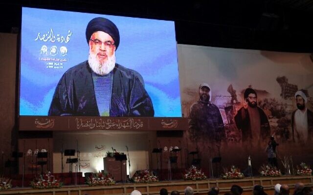 Supporters of the Lebanese Shiite movement Hezbollah attend a televised speech by the group's leader Hassan Nasrallah in Beirut's southern suburbs, on February 16, 2023. (Anwar Amro/AFP) Supporters of the Lebanese Shiite movement Hezbollah attend a televised speech by the group's leader Hassan Nasrallah in Beirut's southern suburbs, on February 16, 2023. (Anwar Amro/AFP)
