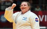 Raz Hershko of Israel reacts during her women's final bout against Kayra Sayit of Turkey (not pictured), at the Tel Aviv Grand Slam Judo Championship in Tel Aviv on February 18, 2023. (Jack Guez/AFP)