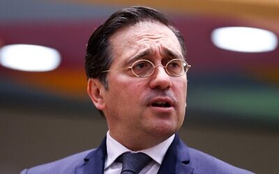 Spain's Foreign Minister Jose Manuel Albares arrives for a meeting of Foreign Affairs Council at the EU headquarters in Brussels, on February 20, 2023. (Kenzo Tribouillard/AFP)