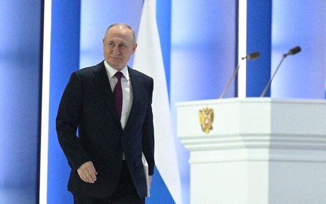 Russian President Vladimir Putin arrives to deliver his annual state of the nation address at the Gostiny Dvor conference centre in central Moscow on February 21, 2023. (Ramil SITDIKOV / SPUTNIK / AFP)