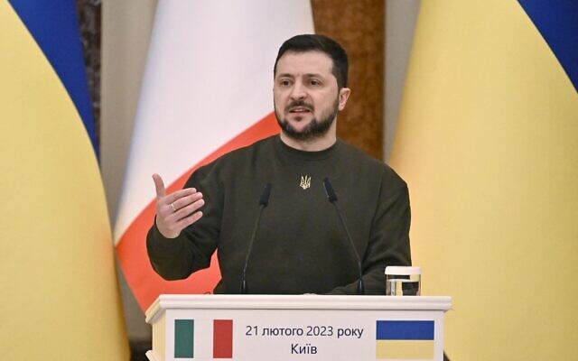 Ukrainian President Volodymyr Zelensky gestures as he speaks during a joint press conference with the Italian prime minister in Kyiv on February 21, 2023, amid the Russian invasion of Ukraine. (Genya Savilov/AFP) Ukrainian President Volodymyr Zelensky gestures as he speaks during a joint press conference with the Italian prime minister in Kyiv on February 21, 2023, amid the Russian invasion of Ukraine. (Genya Savilov/AFP)