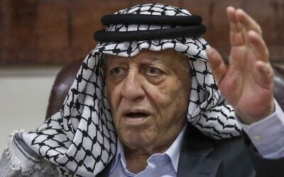 Former Palestinian Authority prime minister Ahmed Qurei at his office in the West Bank town of Abu Dis, November 23, 2020. (AHMAD GHARABLI / AFP)