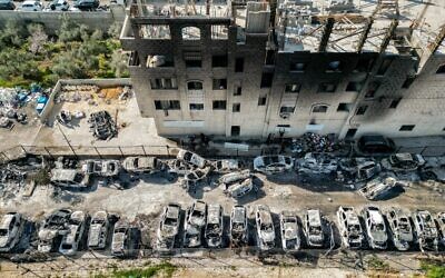 An aerial view of a scrapyard where cars were torched overnight in the Palestinian town of Huwara near Nablus in the West Bank, February 27, 2023. (Ronaldo Schemidt/AFP) An aerial view of a scrapyard where cars were torched overnight in the Palestinian town of Huwara near Nablus in the West Bank, February 27, 2023. (Ronaldo Schemidt/AFP)