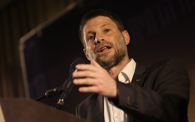 Finance Minister Bezalel Smotrich speaks at a Religious Zionism party press conference about the judicial overhaul in Jerusalem, February 19, 2023. (Yonatan Sindel/Flash90) Finance Minister Bezalel Smotrich speaks at a Religious Zionism party press conference about the judicial overhaul in Jerusalem, February 19, 2023. (Yonatan Sindel/Flash90)