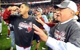 Gio Gonzalez of the Washington Nationals celebrates with owner Ted Lerner after winning the National League East Division Championship on October 1, 2012 in Washington, DC.  (G Fiume/Getty Images via JTA)
