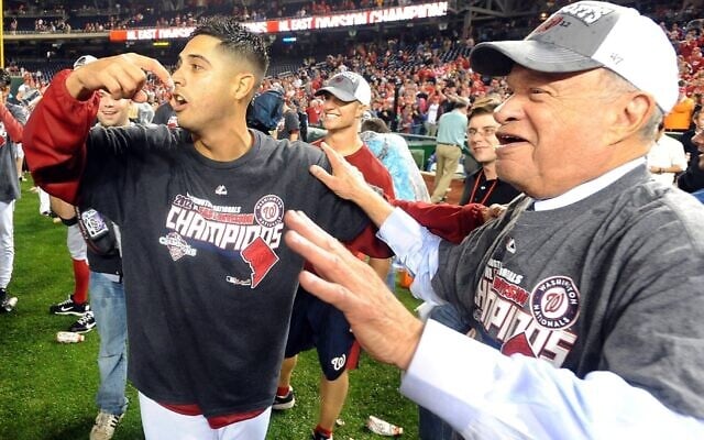 Gio Gonzalez of the Washington Nationals celebrates with owner Ted Lerner after winning the National League East Division Championship on October 1, 2012 in Washington, DC. (G Fiume/Getty Images via JTA) Gio Gonzalez of the Washington Nationals celebrates with owner Ted Lerner after winning the National League East Division Championship on October 1, 2012 in Washington, DC. (G Fiume/Getty Images via JTA)