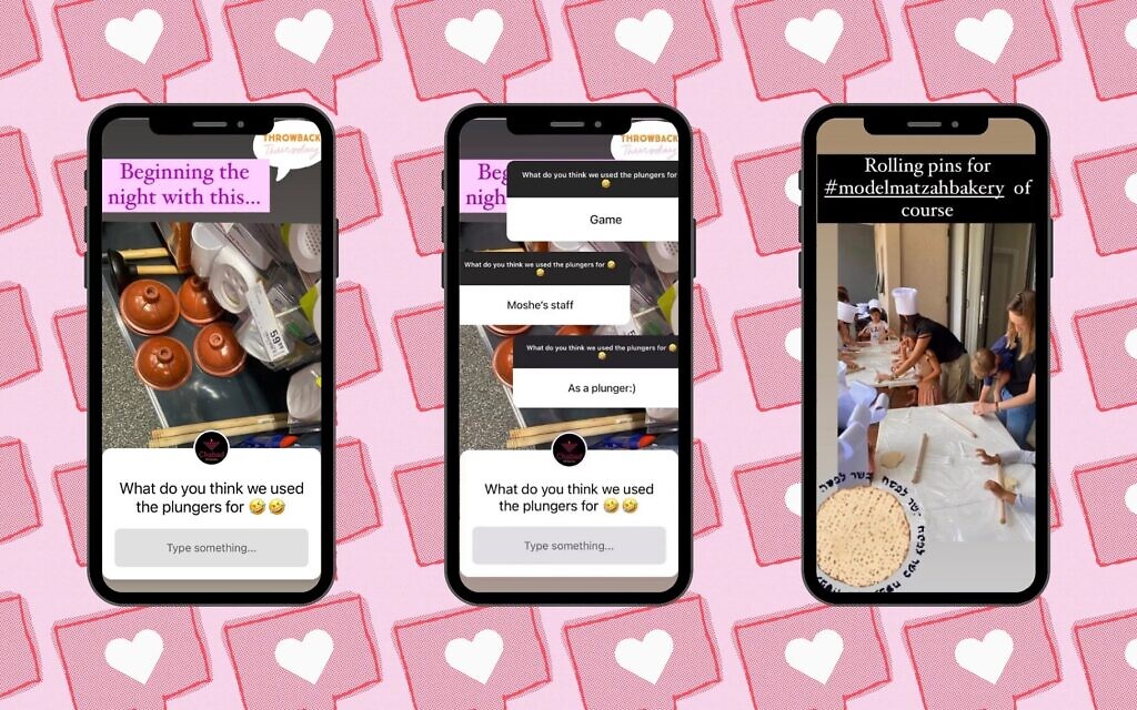 In a Throwback Thursday post from the Chabad Zambia Instagram account, Rivky Hertzel shared how she turned toilet plungers into DIY rolling pins for a mock matzah bake. (Screenshots via Instagram/ Design by Jackie Hajdenberg/ JTA)