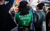 A BDS supporter at an anti-Israel protest in New York City, October 14, 2022. (Luke Tress/ Times of Israel/ File)