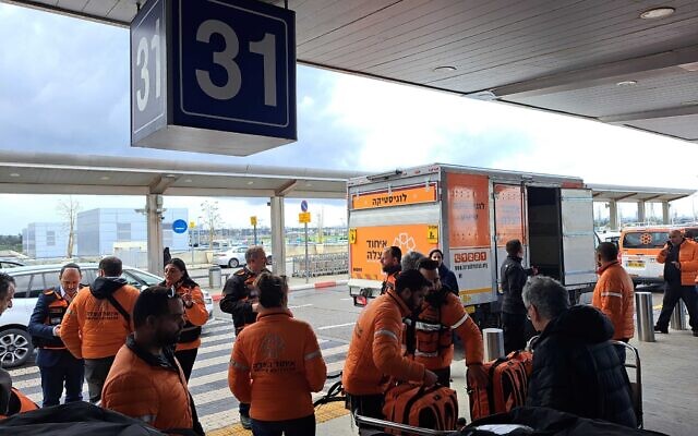 United Hatzalah volunteers prepare equipment at Ben Gurion Airport before traveling to Gaziantep, Turkey, to assist in rescue efforts after powerful earthquakes hit the country, on February 7, 2023. (Judah Ari Gross/Times of Israel) United Hatzalah volunteers prepare equipment at Ben Gurion Airport before traveling to Gaziantep, Turkey, to assist in rescue efforts after powerful earthquakes hit the country, on February 7, 2023. (Judah Ari Gross/Times of Israel)