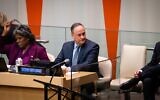 US Second Gentleman Douglass Emhoff speaks at the UN in New York, February 9, 2023. (Luke Tress/Times of Israel)
