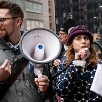 Illustrative: Rabbi Jill Jacobs at a protest against the Israeli government in New York City, February 21, 2023. (Luke Tress/Times of Israel)