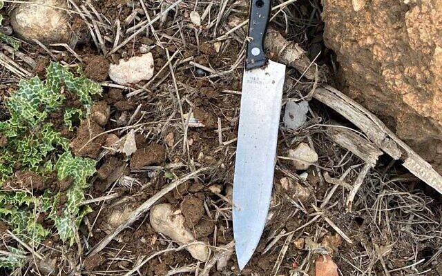 This photo from the IDF shows a knife it says was used in an attempted stabbing near the West Bank city of Hebron, February 9, 2023. (Israel Defense Forces) This photo from the IDF shows a knife it says was used in an attempted stabbing near the West Bank city of Hebron, February 9, 2023. (Israel Defense Forces)