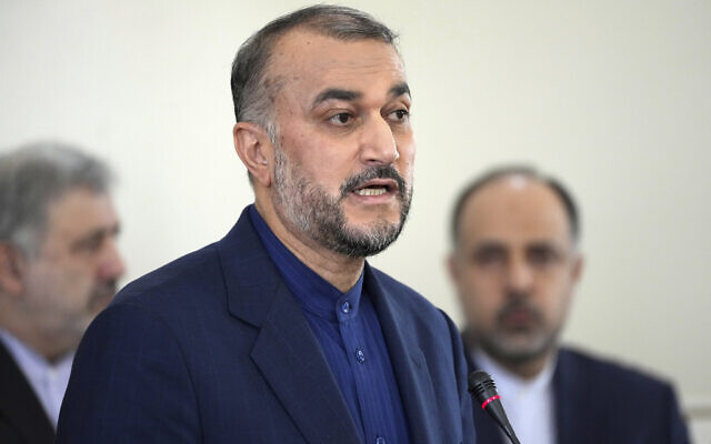 Iranian Foreign Minister Hossein Amirabdollahian speaks in a press briefing in Tehran, Iran, January 29, 2023. (Vahid Salemi/AP) Iranian Foreign Minister Hossein Amirabdollahian speaks in a press briefing in Tehran, Iran, January 29, 2023. (Vahid Salemi/AP)