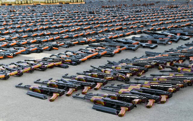 Assault rifles and missiles seized by the French navy lay on the deck of a ship at an undisclosed location February 1, 2023. (US military's Central Command via AP) Assault rifles and missiles seized by the French navy lay on the deck of a ship at an undisclosed location February 1, 2023. (US military's Central Command via AP)