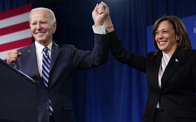 US President Joe Biden and Vice President Kamala Harris stand on stage at the Democratic National Committee winter meeting, February 3, 2023, in Philadelphia, Pennsylvania. (AP/Patrick Semansky) US President Joe Biden and Vice President Kamala Harris stand on stage at the Democratic National Committee winter meeting, February 3, 2023, in Philadelphia, Pennsylvania. (AP/Patrick Semansky)
