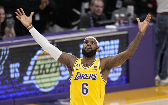Los Angeles Lakers forward LeBron James celebrates after scoring to become the NBA's all-time leading scorer during the second half of a basketball game against the Oklahoma City Thunder, Los Angeles, February 7, 2023. (AP/Mark J. Terrill) Los Angeles Lakers forward LeBron James celebrates after scoring to become the NBA's all-time leading scorer during the second half of a basketball game against the Oklahoma City Thunder, Los Angeles, February 7, 2023. (AP/Mark J. Terrill)