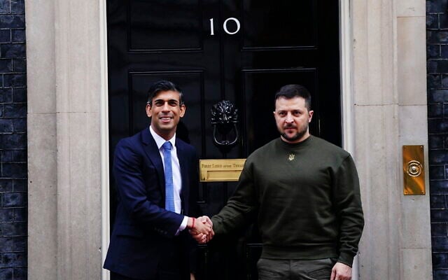 Britain's Prime Minister Rishi Sunak, left, welcomes Ukraine's President Volodymyr Zelensky at Downing Street in London, Feb. 8, 2023. (Victoria Jones/PA via AP) Britain's Prime Minister Rishi Sunak, left, welcomes Ukraine's President Volodymyr Zelensky at Downing Street in London, Feb. 8, 2023. (Victoria Jones/PA via AP)