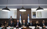 Prime Minister Benjamin Netanyahu, center, chairs the weekly cabinet meeting in Jerusalem, Feb.12, 2023. (AP Photo/Ohad Zwigenberg, Pool)