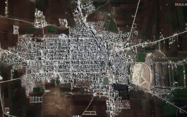 This satellite image provided by Maxar Technologies shows an overview of earthquake damage to city buildings and the surrounding area in Jindires, Syria, February 11, 2023. (Satellite image ©2023 Maxar Technologies via AP)
