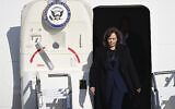 US Vice President Kamala Harris arrives for the Munich Security Conference at the airport in Munich, Germany, February 16, 2023. (Angelika Warmuth/dpa via AP)