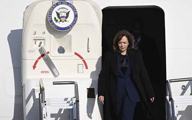 US Vice President Kamala Harris arrives for the Munich Security Conference at the airport in Munich, Germany, February 16, 2023. (Angelika Warmuth/dpa via AP) US Vice President Kamala Harris arrives for the Munich Security Conference at the airport in Munich, Germany, February 16, 2023. (Angelika Warmuth/dpa via AP)