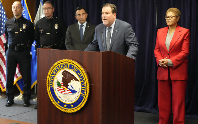 Jeffrey Abrams, Regional Director of Anti-Defamation League, ADL Los Angeles, at podium, denounces antisemitism and hate crimes at a news conference at the US Attorney's Office Central District of California offices in Los Angeles Friday, February 17, 2023. From left, United States Attorney Martin Estrada and Los Angeles Mayor Karen Bass. (AP Photo/Damian Dovarganes) Jeffrey Abrams, Regional Director of Anti-Defamation League, ADL Los Angeles, at podium, denounces antisemitism and hate crimes at a news conference at the US Attorney's Office Central District of California offices in Los Angeles Friday, February 17, 2023. From left, United States Attorney Martin Estrada and Los Angeles Mayor Karen Bass. (AP Photo/Damian Dovarganes)